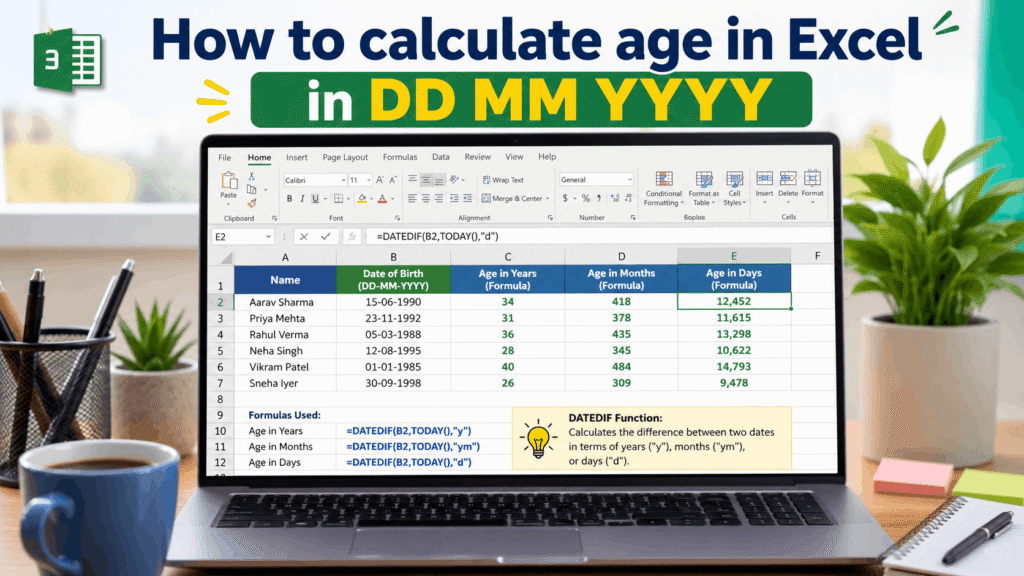 How to calculate age in Excel in DD MM YYYY - Age Calculator by AgeCalculatory.net